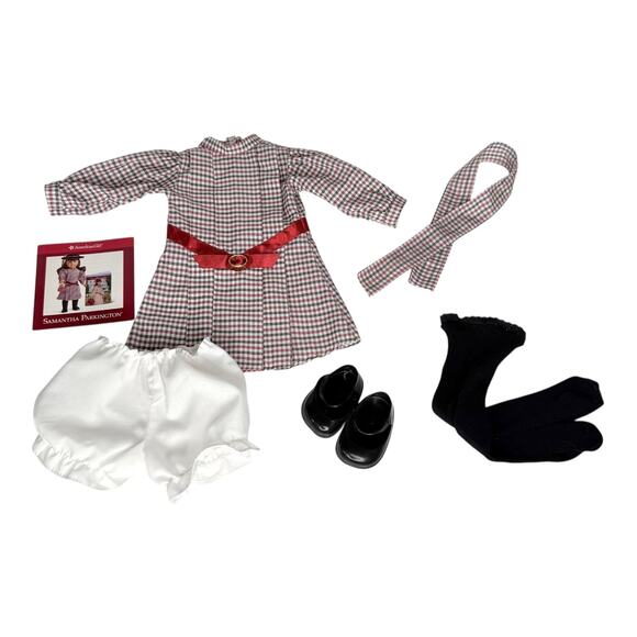 American Girl Samantha Meet Outfit Doll Dress Tights Shoes Bloomers Ribbon Vtg - Picture 11 of 12